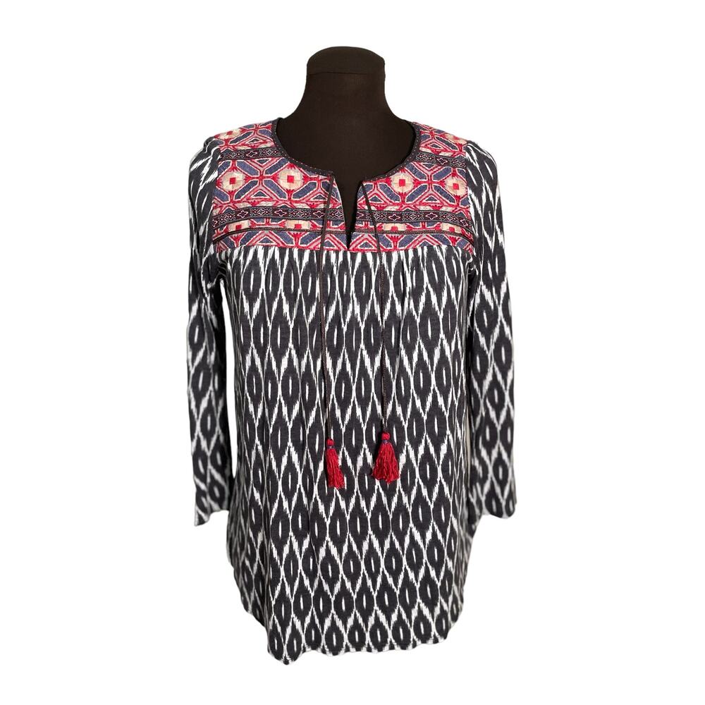 One September Unique Style Top, Aztec/tassels/polka dots, Small, long sleeve